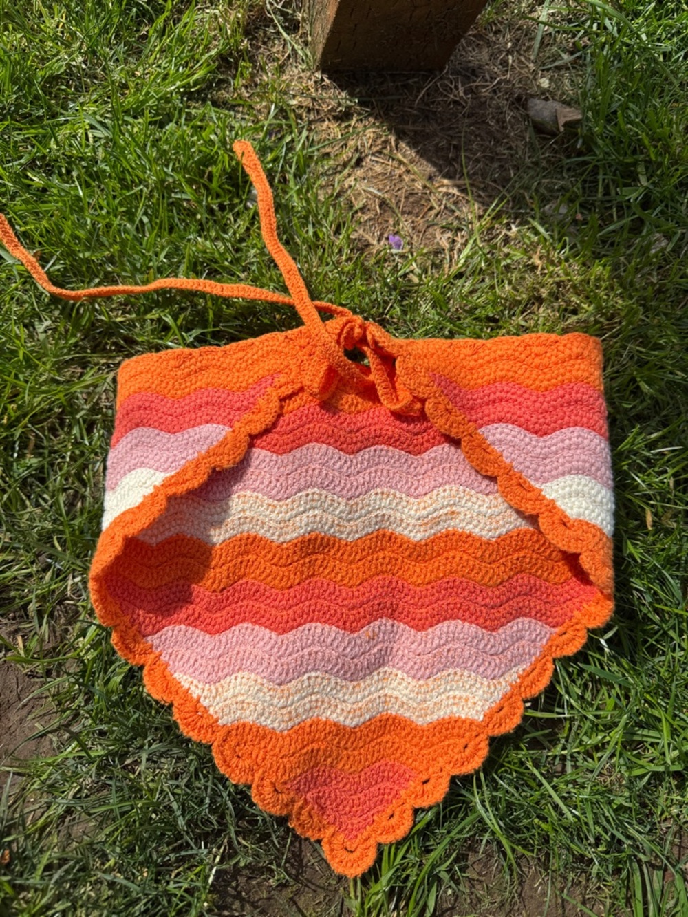 Handmade Crocheted Chevron Bandana Top in Orange, Pink & Cream